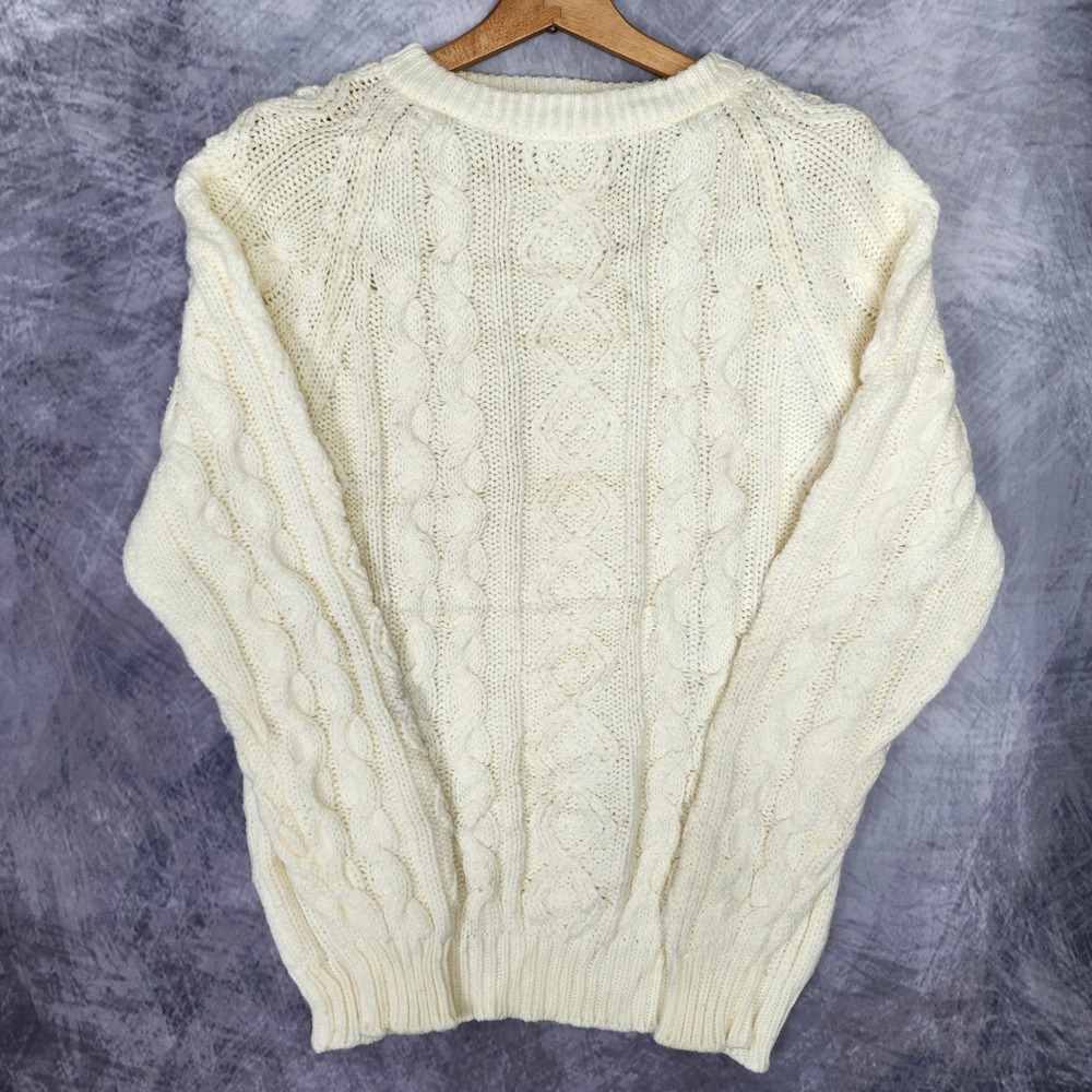 Vintage 70s Sears Cream Cable Knit Fisherman Sweater Large Aran Style Pullover